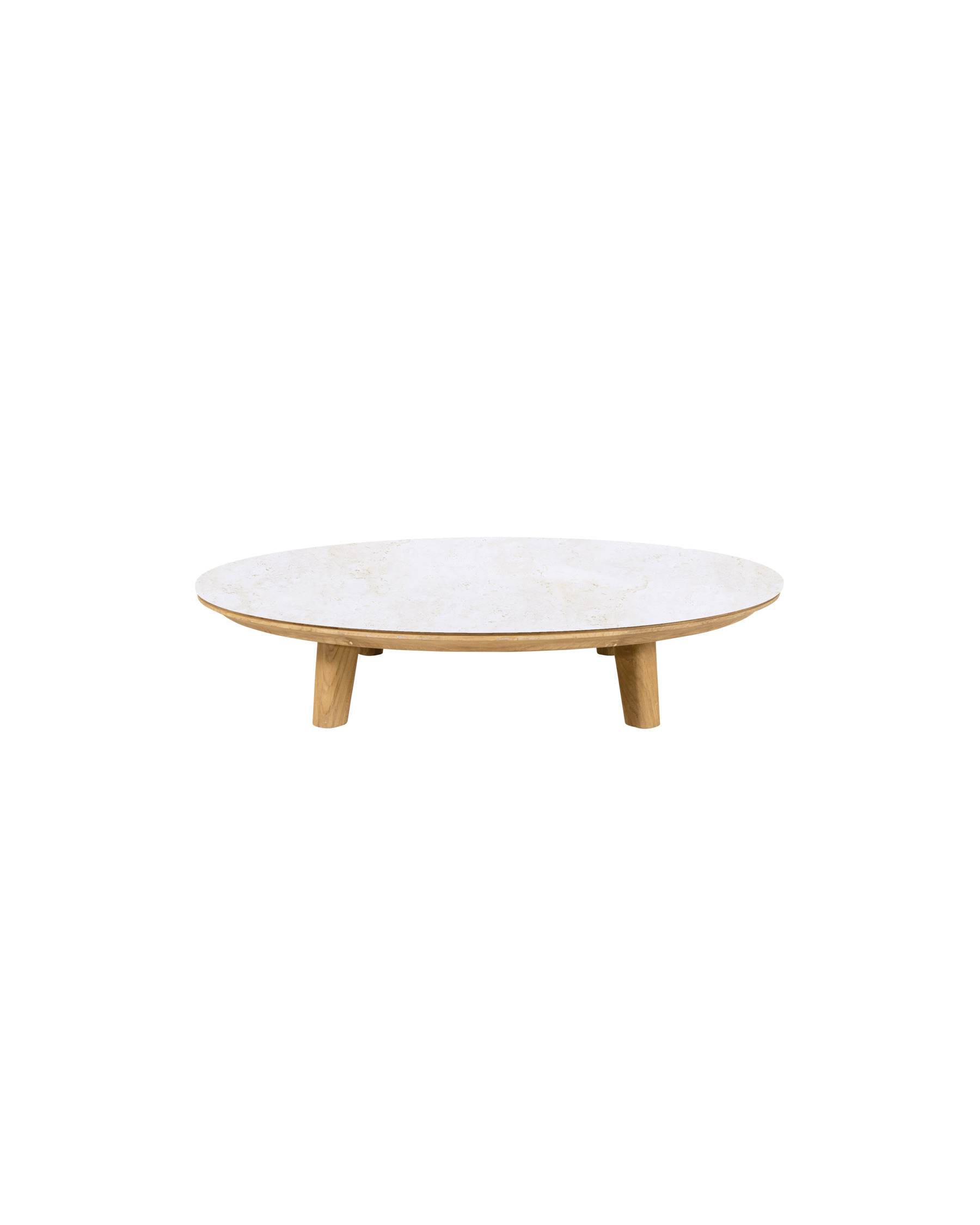 Cane-line Aspect round outdoor coffee table with ceramic top and teak legs