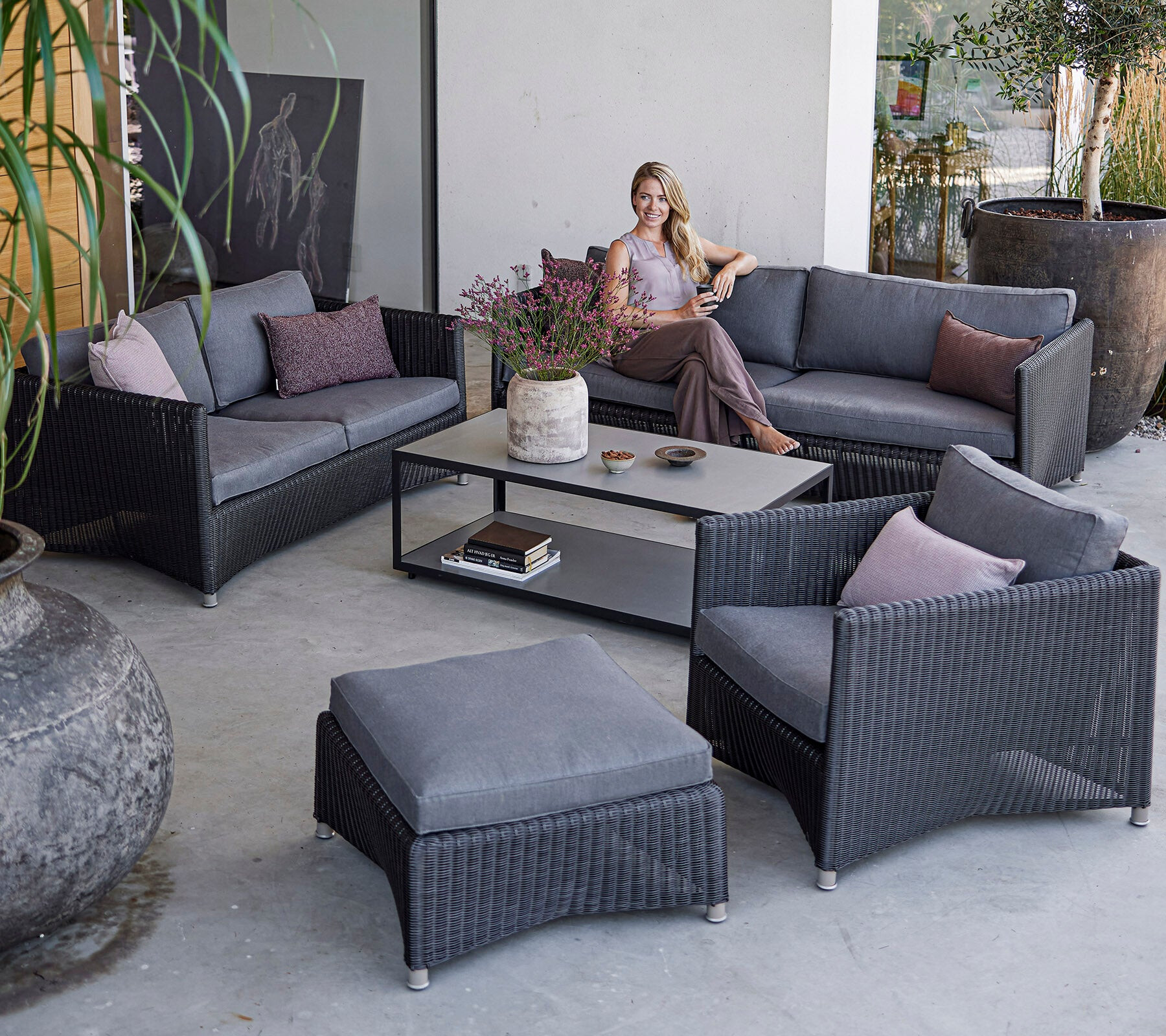 Cane-line Diamond outdoor lounge collection in woven rope on a terrace