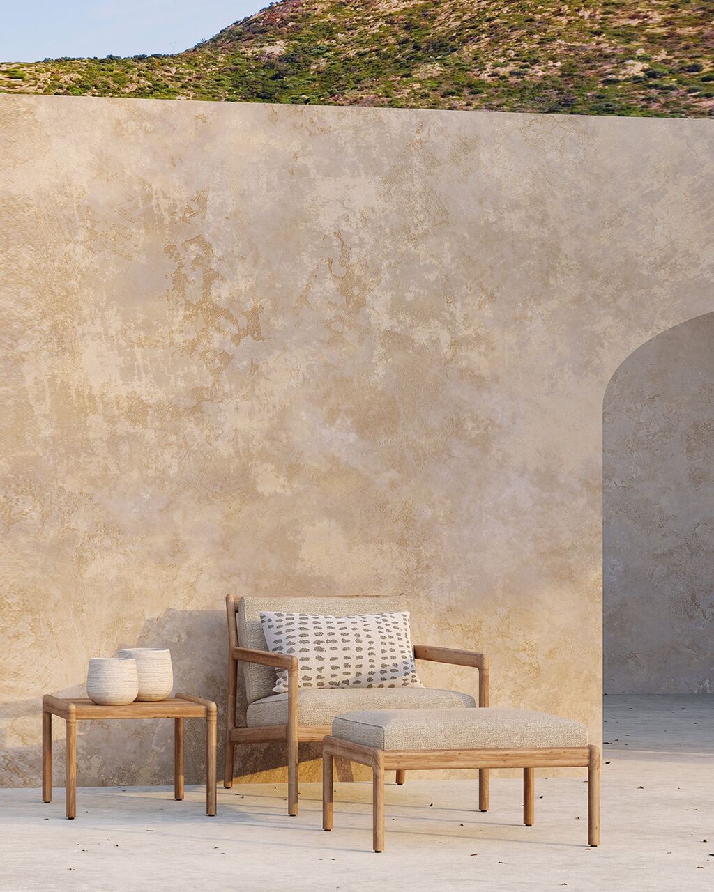 Jack outdoor lounge chair with side table and white-dots cushion